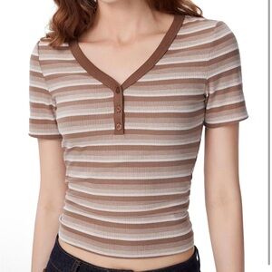 CIDER Brown Striped Ribbed V-Neck Button Top